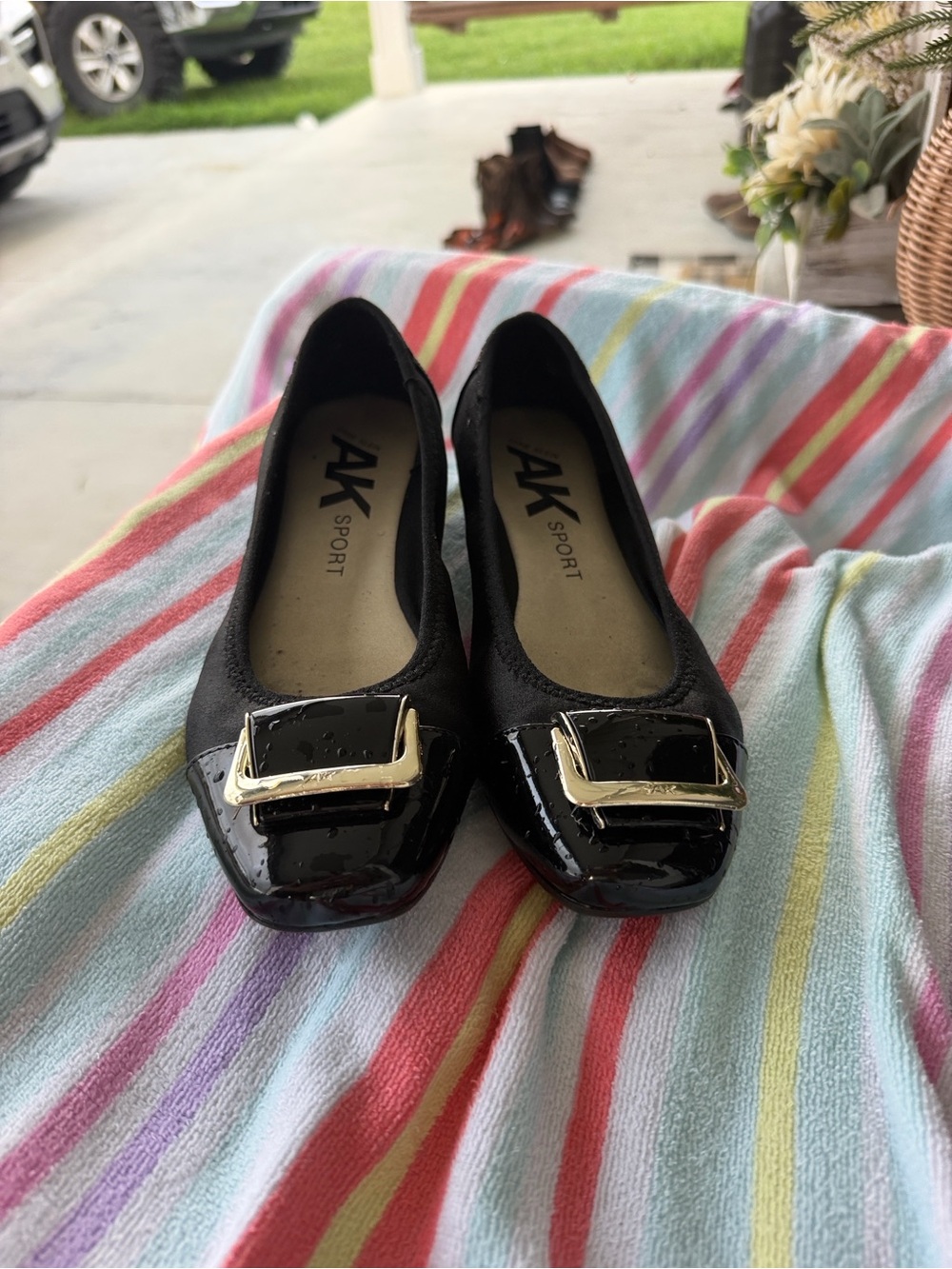 Anne Klein Black Patent Ballet Flats with Gold Buckle